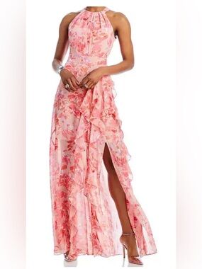 Eliza J Pink Floral Halter Ruffled Maxi Dress